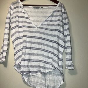 Athleta Gray Striped Long Sleeve V-Neck Top